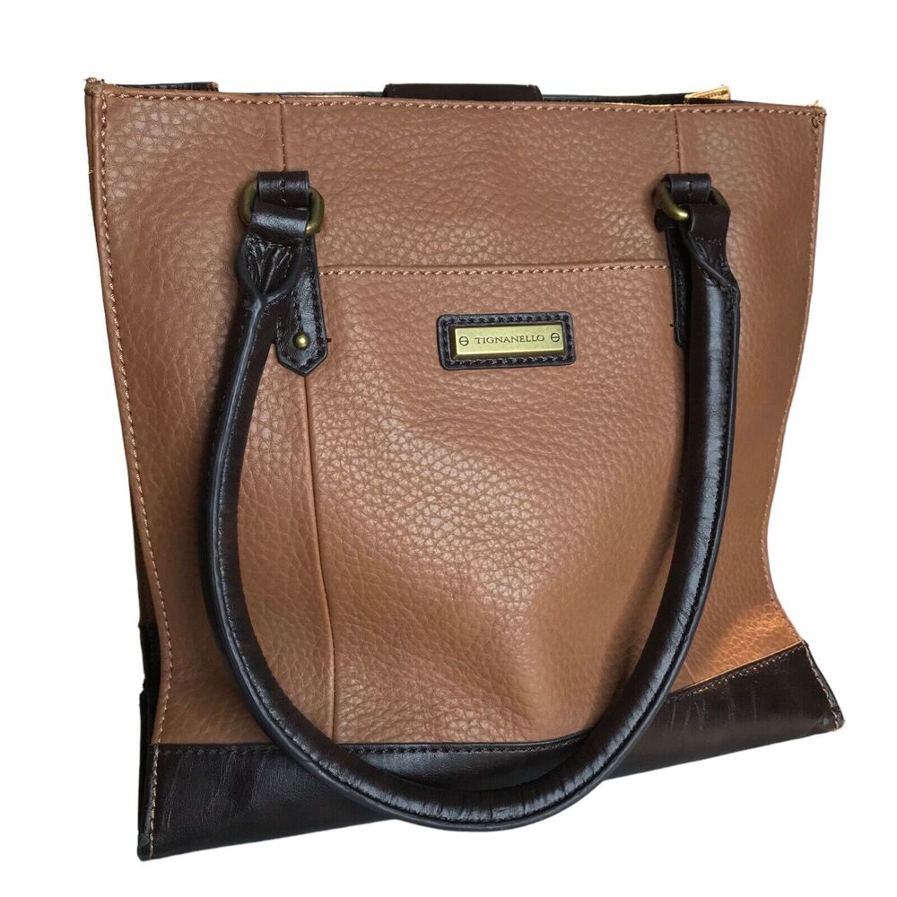 Tignanello Satchel Tote Handbag Purse Genuine Leather Two Tone Brown